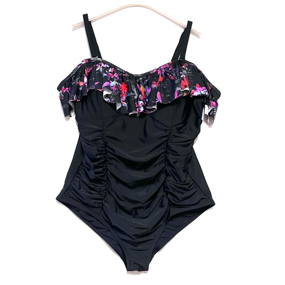 Torrid Swimsuit Tropical Off Shoulder Plus Size 3X Ruched Flounce Sexy Black - Picture 15 of 15